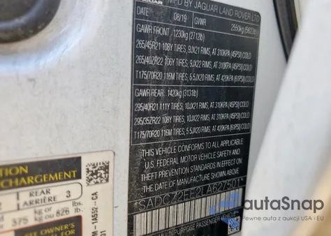 2020 Jaguar F-Pace Svr z USA, uszkodzony, nr VIN SADCZ2EE2LA627501